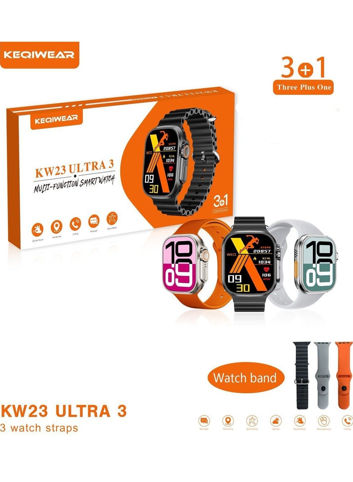 KW23 Ultra 3 Smartwatch by Keqiwear Health & Fitness Tracker with Touchscreen 3+1 Straps Waterproof Call & Message Alerts – for Men & Women